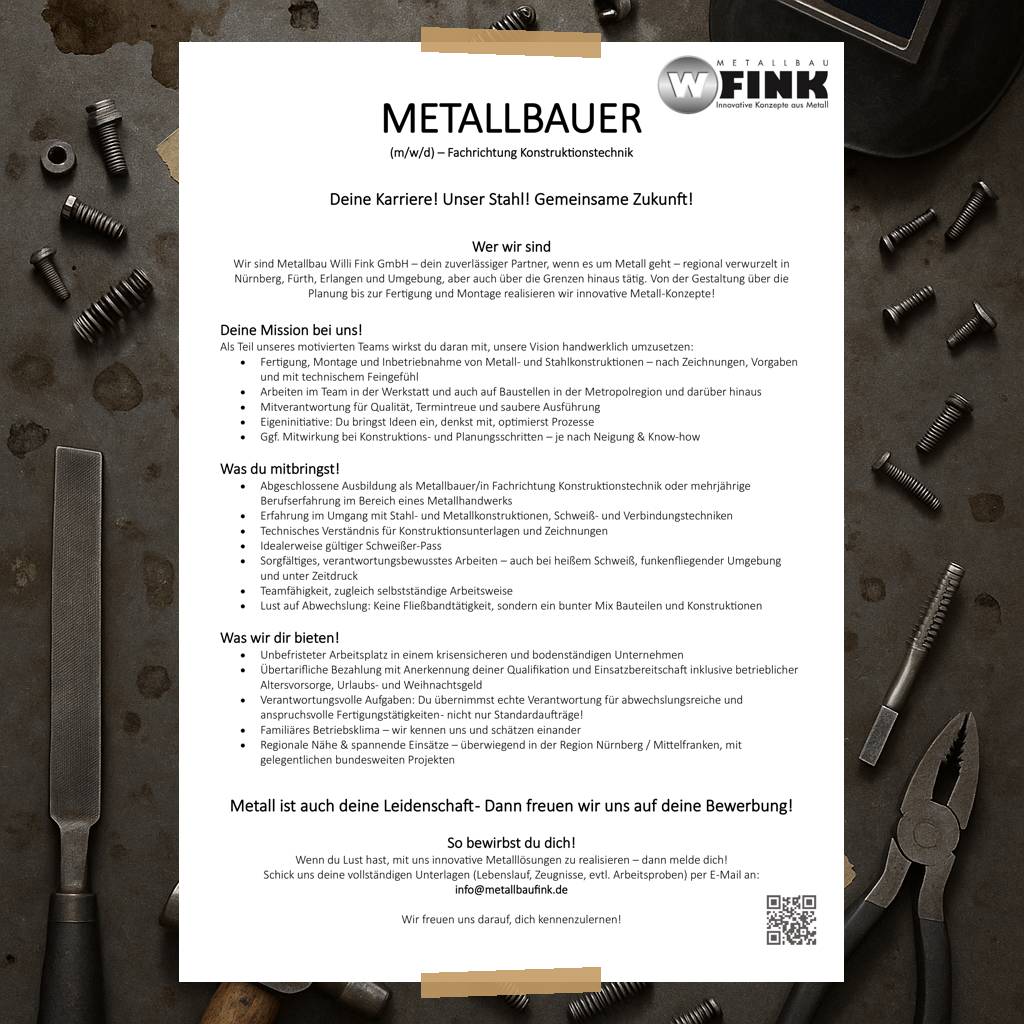 Du bist Metallbauer / Schlosser, Fachrichtung Konstruktionstechnik? Wir suchen DICH! Karriere bei Fink Metallbau - Metallbauer / Schloss